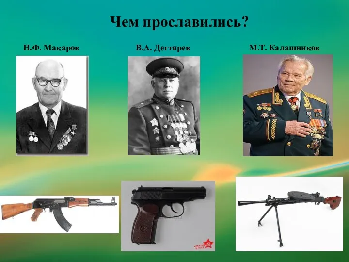 Н.Ф. Макаров В.А. Дегтярев М.Т. Калашников Чем прославились?