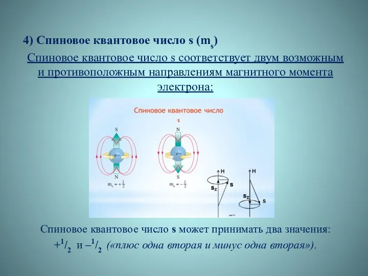 4) Спиновое квантовое число s (ms) Спиновое квантовое число s