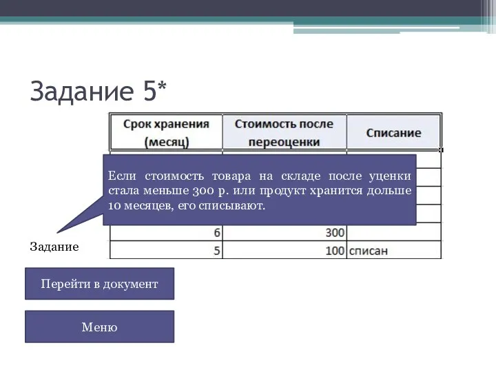 Задание Задание 5* Перейти в документ Меню Если стоимость товара на складе после