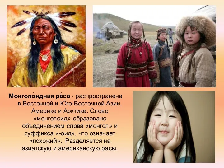 Монголо́идная ра́са - распространена в Восточной и Юго-Восточной Азии, Америке и Арктике. Слово