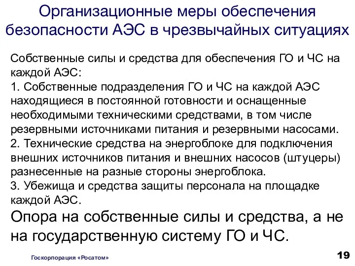 Организационные меры обеспечения безопасности АЭС в чрезвычайных ситуациях Собственные силы