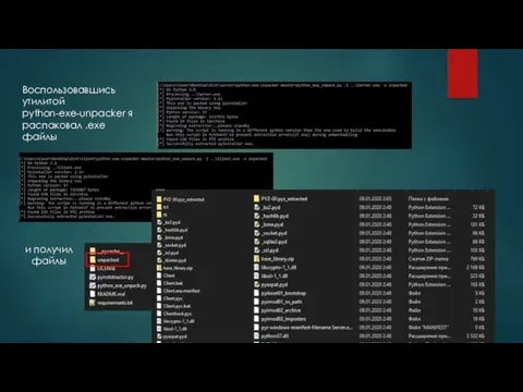 Воспользовавшись утилитой python-exe-unpacker я распаковал .exe файлы и получил файлы