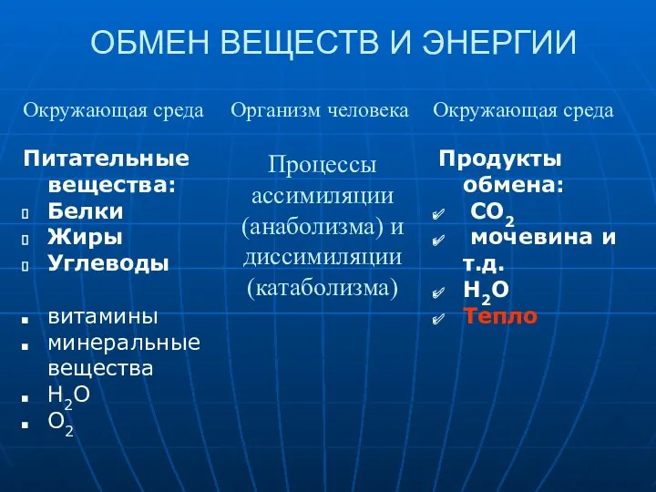 ОБМЕН ВЕЩЕСТВ И ЭНЕРГИИ Питательные вещества: Белки Жиры Углеводы витамины