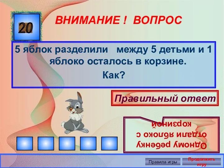 20 ВНИМАНИЕ ! ВОПРОС 5 яблок разделили между 5 детьми