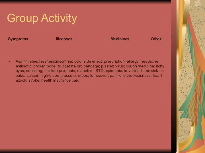 Group Activity Symptoms Illnesses Medicines Other Aspirin; sleeplessness;insomnia; cold; side