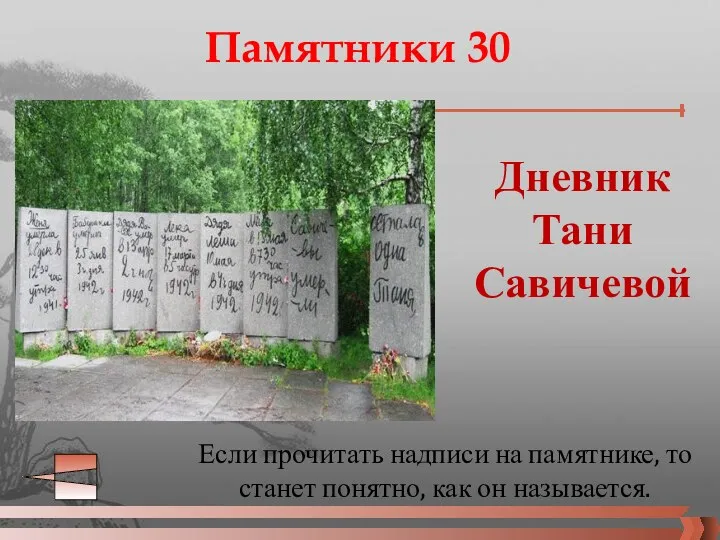 Памятники 30 Если прочитать надписи на памятнике, то станет понятно, как он называется. Дневник Тани Савичевой