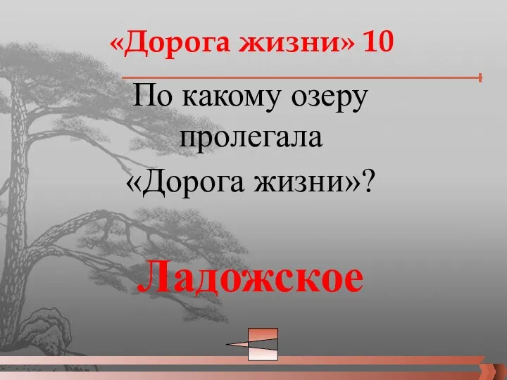 «Дорога жизни» 10 По какому озеру пролегала «Дорога жизни»? Ладожское