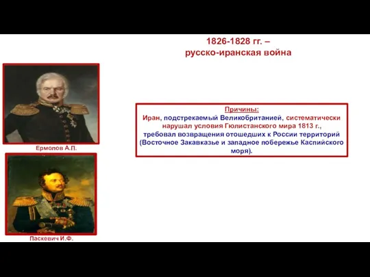 1826-1828 гг. – русско-иранская война Причины: Иран, подстрекаемый Великобританией, систематически