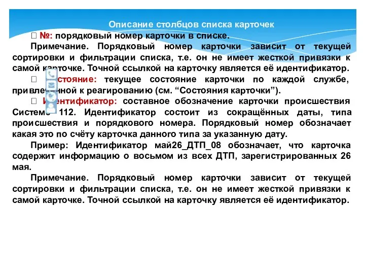 Описание столбцов списка карточек  №: порядковый номер карточки в