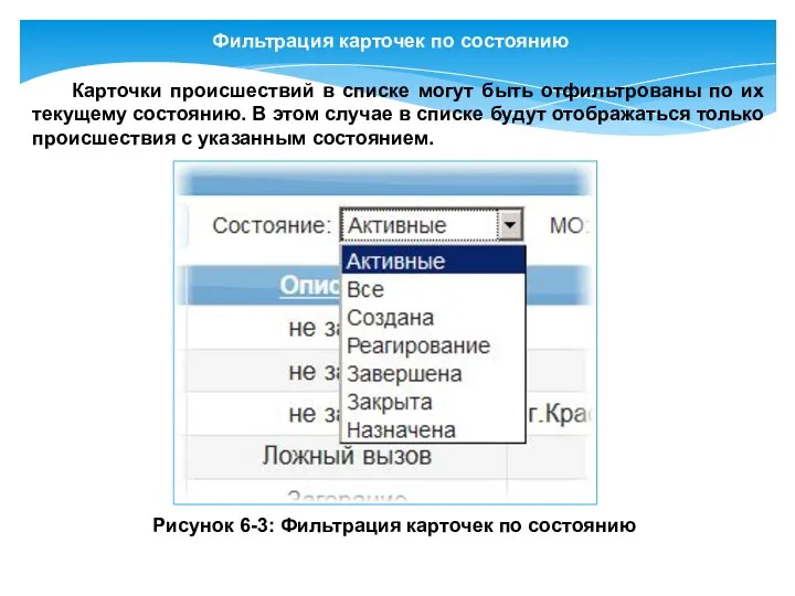 Фильтрация карточек по состоянию Карточки происшествий в списке могут быть