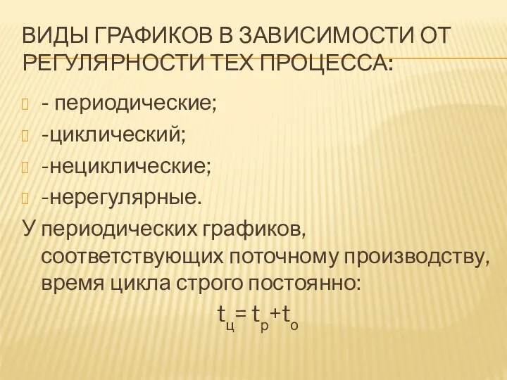 ВИДЫ ГРАФИКОВ В ЗАВИСИМОСТИ ОТ РЕГУЛЯРНОСТИ ТЕХ ПРОЦЕССА: - периодические;