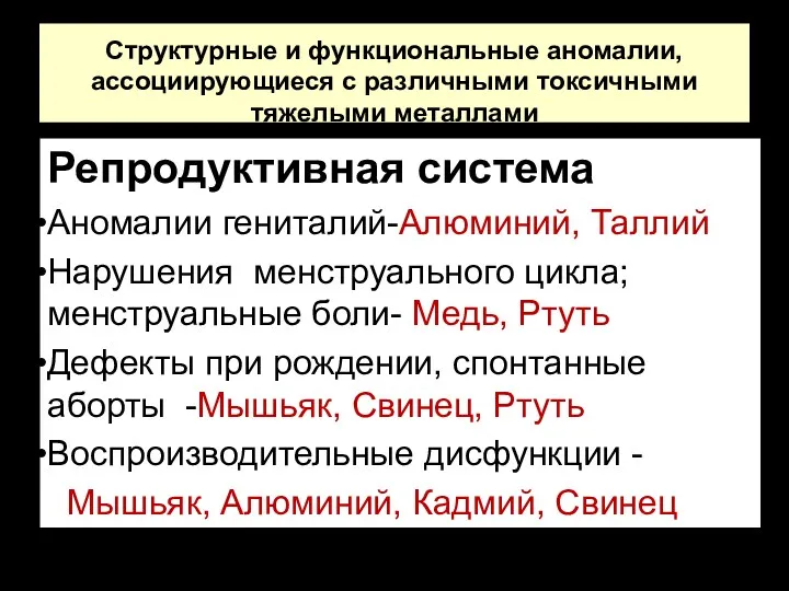 Структурные и функциональные аномалии, ассоциирующиеся с различными токсичными тяжелыми металлами