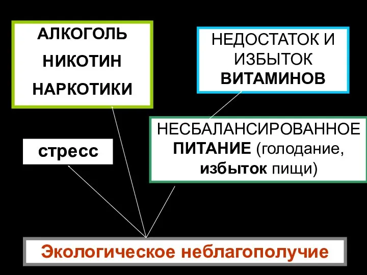 АЛКОГОЛЬ НИКОТИН НАРКОТИКИ НЕДОСТАТОК И ИЗБЫТОК ВИТАМИНОВ НЕСБАЛАНСИРОВАННОЕ ПИТАНИЕ (голодание, избыток пищи) стресс Экологическое неблагополучие