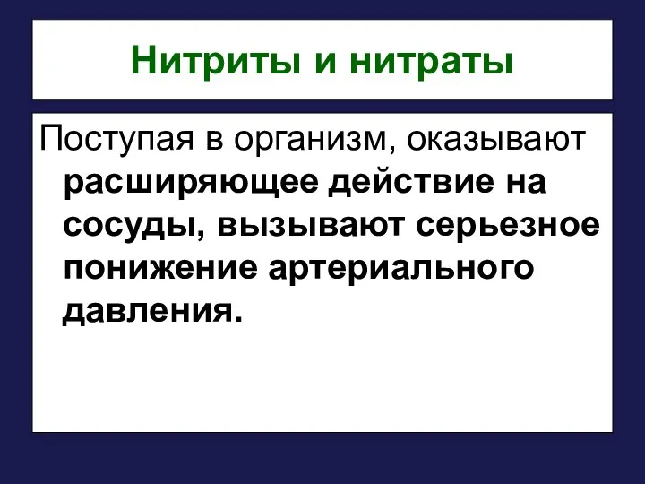 Нитриты и нитраты Поступая в организм, оказывают расширяющее действие на сосуды, вызывают серьезное понижение артериального давления.