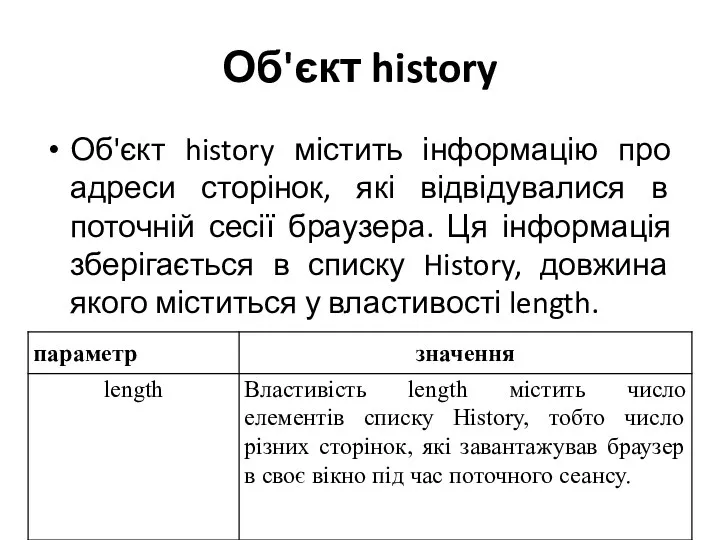 Об'єкт history Об'єкт history містить інформацію про адреси сторінок, які
