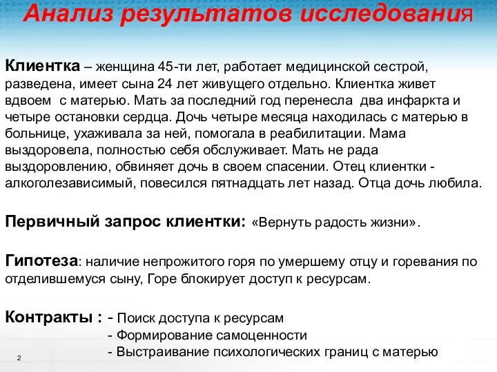 Анализ результатов исследования Курс «Основы ТЭКС» Клиентка – женщина 45-ти