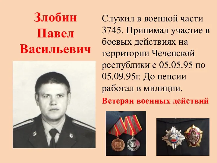 Злобин Павел Васильевич Служил в военной части 3745. Принимал участие