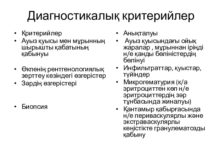 Диагностикалық критерийлер Критерийлер Ауыз қуысы мен мұрынның шырышты қабатының қабынуы