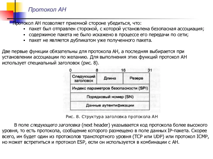 Протокол AH Протокол АН позволяет приемной стороне убедиться, что: пакет