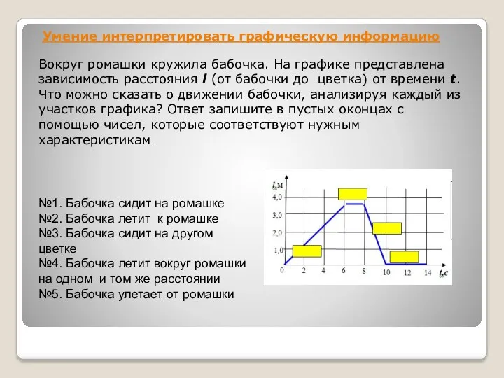 Умение интерпретировать графическую информацию Вокруг ромашки кружила бабочка. На графике представлена зависимость расстояния