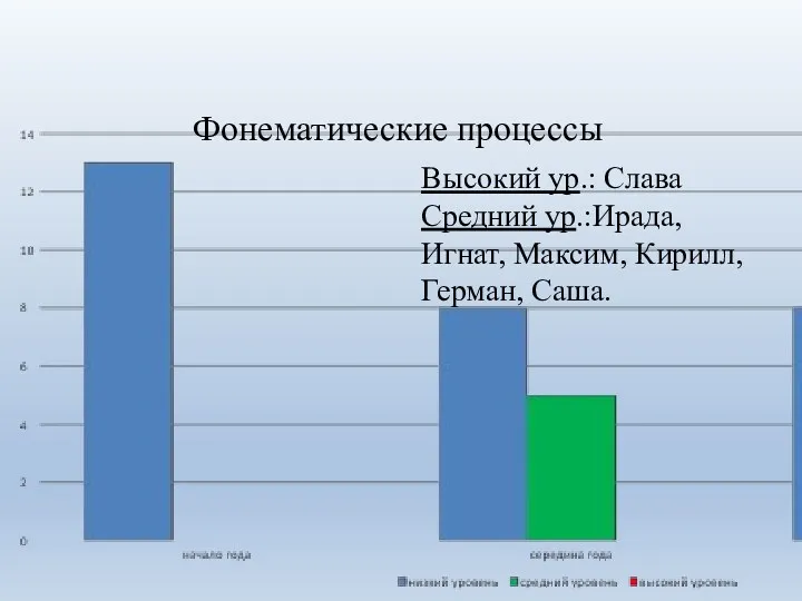 Фонематические процессы Высокий ур.: Слава Средний ур.:Ирада, Игнат, Максим, Кирилл, Герман, Саша.