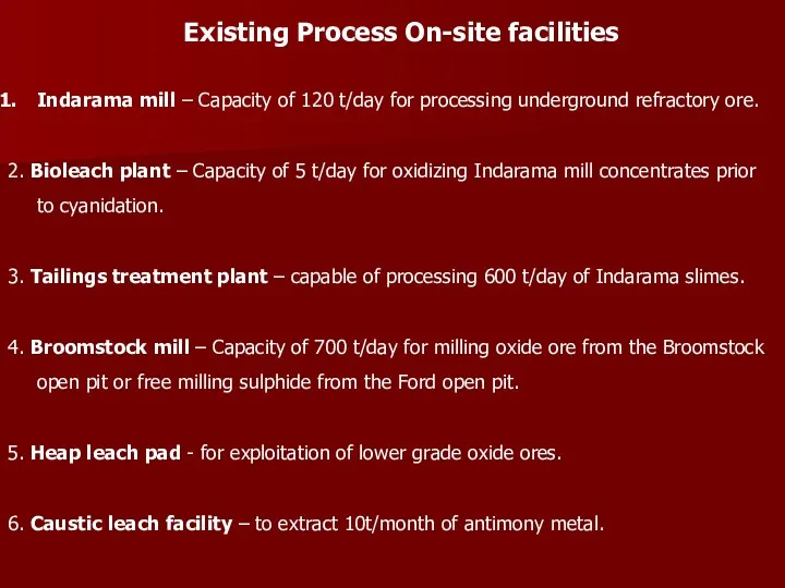 Existing Process On-site facilities Indarama mill – Capacity of 120