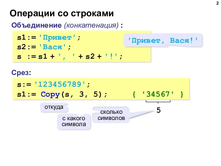 Операции со строками Объединение (конкатенация) : s1:= 'Привет'; s2:= 'Вася';