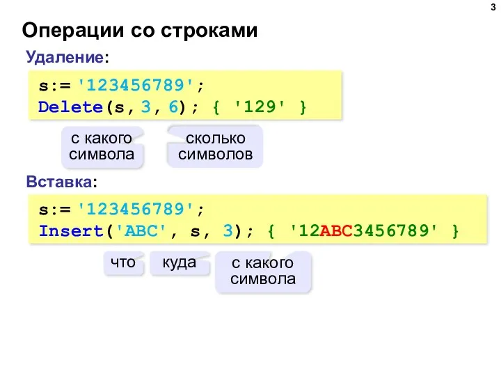 Операции со строками Вставка: s:= '123456789'; Insert('ABC', s, 3); {