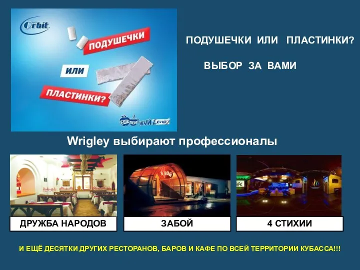 Wrigley выбирают профессионалы ДРУЖБА НАРОДОВ ЗАБОЙ 4 СТИХИИ И ЕЩЁ ДЕСЯТКИ ДРУГИХ РЕСТОРАНОВ,