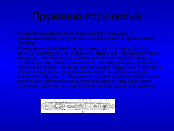 Пружинно-поршневые Измеряемое давление воспринимается поршнем и уравновешивается упругостью цилиндрической проволочной