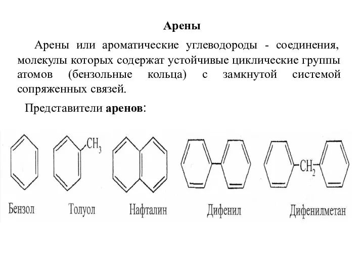 Арены Арены или ароматические углеводороды - соединения, молекулы которых содержат