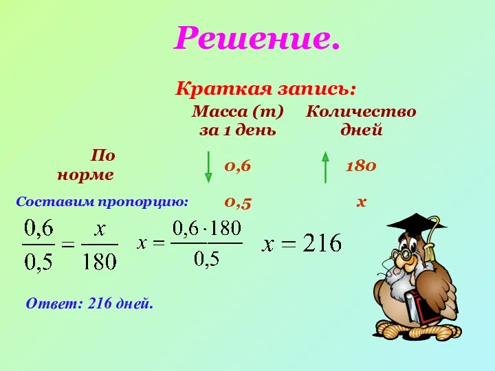 Краткая запись: Составим пропорцию: ; ; Ответ: 216 дней. Решение.