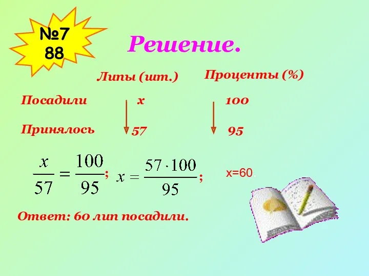 Решение. №788 Посадили Принялось Липы (шт.) Проценты (%) 100 95