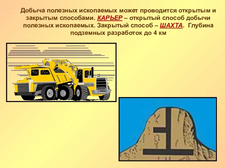 Добыча полезных ископаемых может проводится открытым и закрытым способами. КАРЬЕР