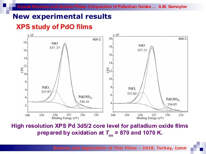 New experimental results XPS study of PdO films High resolution