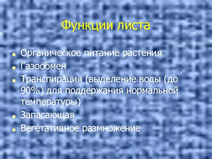 Функции листа Органическое питание растения Газообмен Транспирация (выделение воды (до