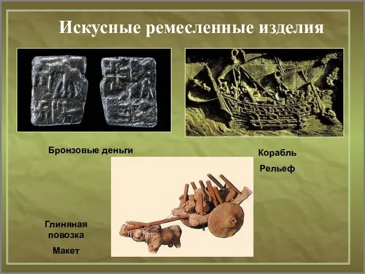 Искусные ремесленные изделия Бронзовые деньги Корабль Рельеф Глиняная повозка Макет