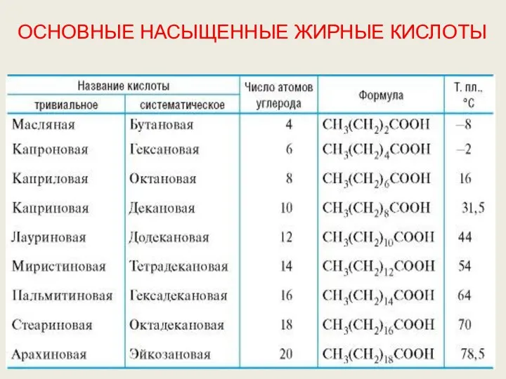 ОСНОВНЫЕ НАСЫЩЕННЫЕ ЖИРНЫЕ КИСЛОТЫ