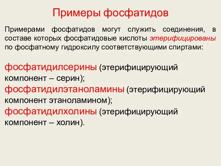 Примеры фосфатидов Примерами фосфатидов могут служить соединения, в составе которых