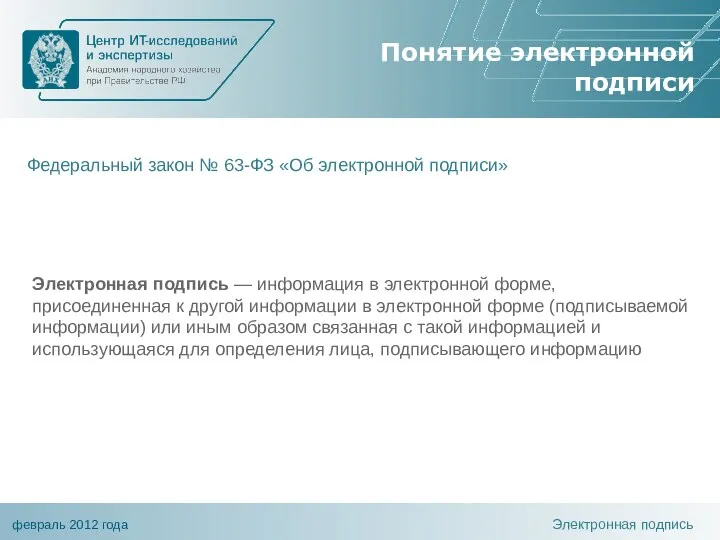 Понятие электронной подписи Электронная подпись Электронная подпись — информация в