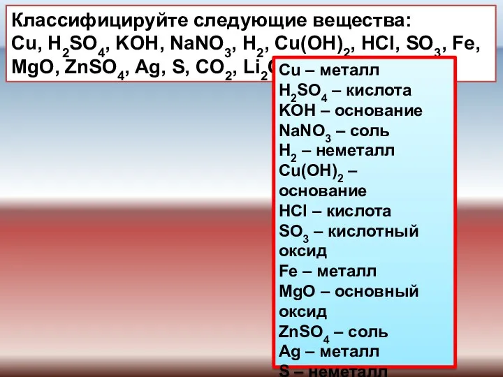 Классифицируйте следующие вещества: Cu, H2SO4, KOH, NaNO3, H2, Cu(OH)2, HCl,