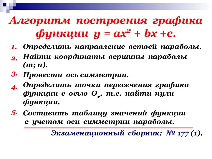 Алгоритм построения графика функции у = ах2 + bх +с.