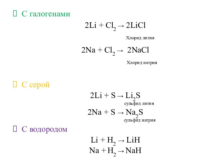 С галогенами 2Li + Cl2 → 2LiCl Хлорид лития 2Na