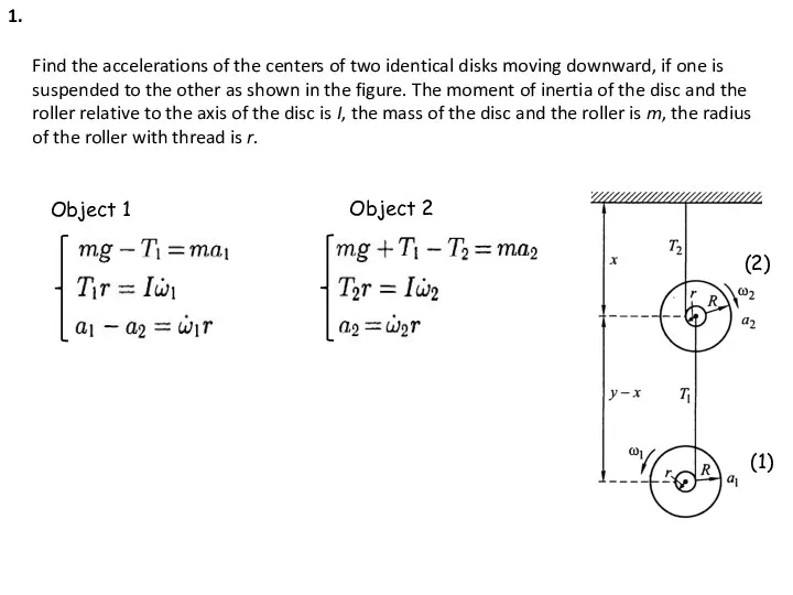 Find the accelerations of the centers of two identical disks moving downward, if