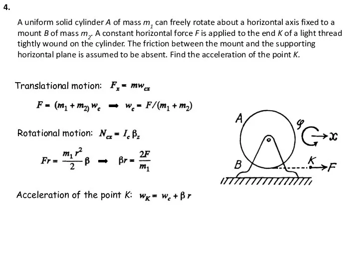 Translational motion: Rotational motion: Acceleration of the point K: 4. A uniform solid