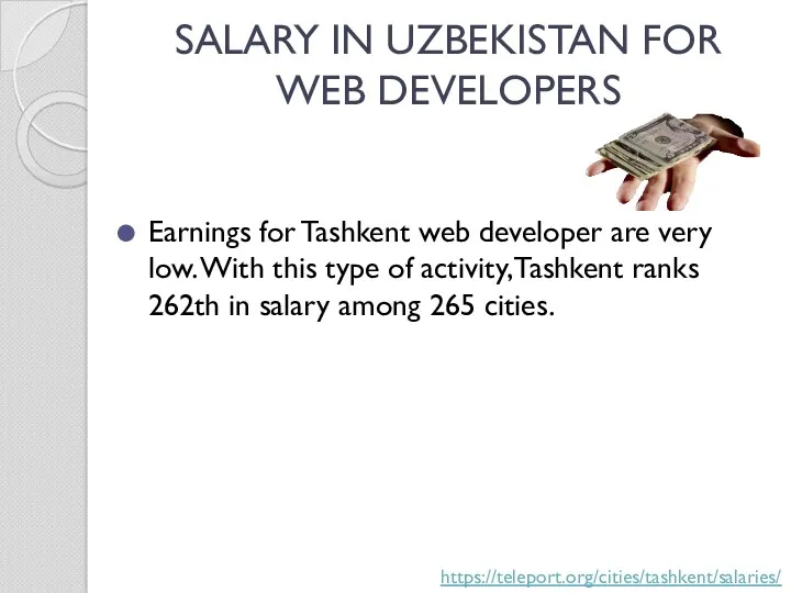 SALARY IN UZBEKISTAN FOR WEB DEVELOPERS https://teleport.org/cities/tashkent/salaries/ Earnings for Tashkent