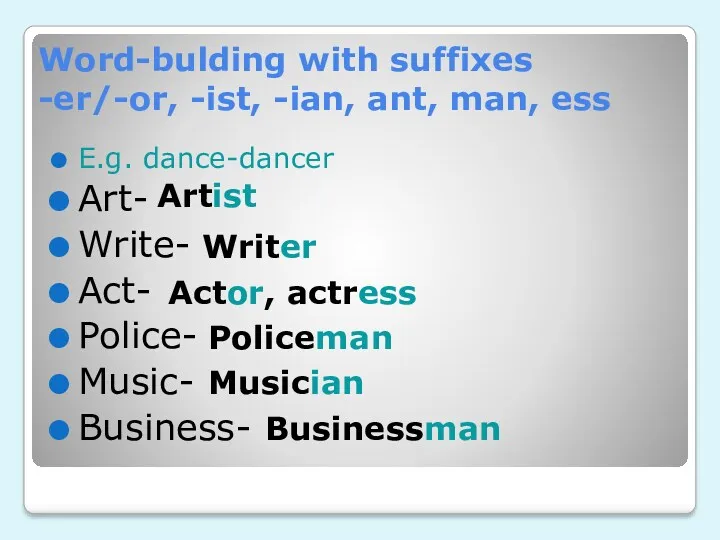 Word-bulding with suffixes -er/-or, -ist, -ian, ant, man, ess E.g.