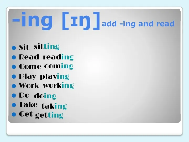 -ing [ɪŋ]add -ing and read Sit Read Come Play Work