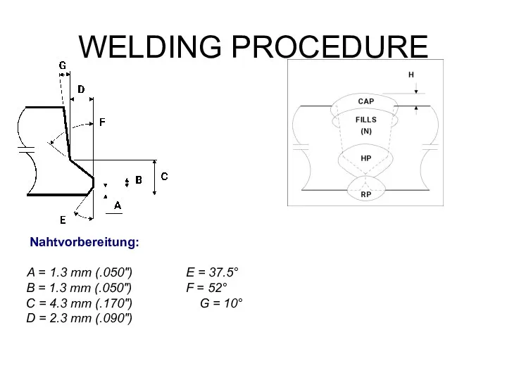 WELDING PROCEDURE Nahtvorbereitung: A = 1.3 mm (.050") E = 37.5° B =
