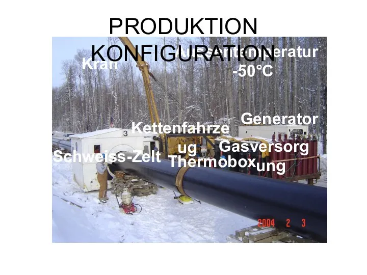 Schweiss-Zelt Kettenfahrzeug Kran Thermobox Aussentemperatur -50°C Generator Gasversorgung PRODUKTION KONFIGURATION